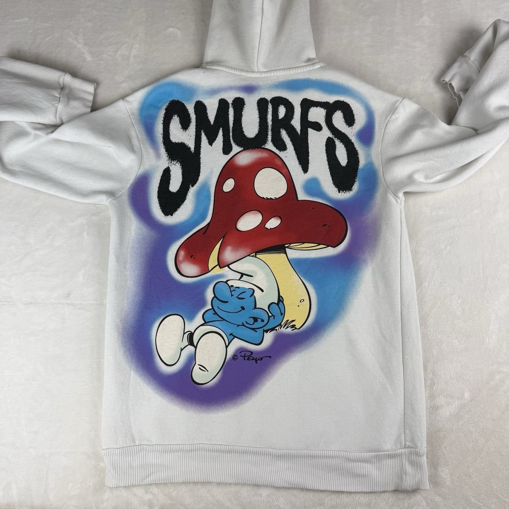 Smurfs Graphic‎ Pullover Hoodie Small White Mushroom Cartoon Streetwear Airbrush